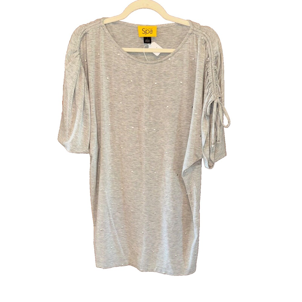 St John Spa Athleisure studded Short Sleeve Top Size Small shirt gray tie sleeve